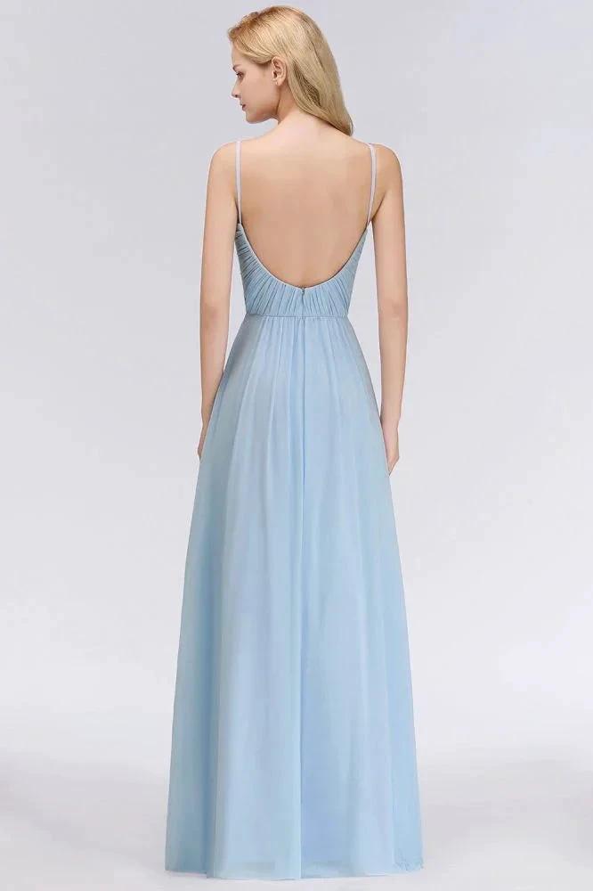 Spaghetti Straps Ruggle Chiffon Bridesmaid Dress Sky Blue A-line Wedding Party Dress by misshow.com