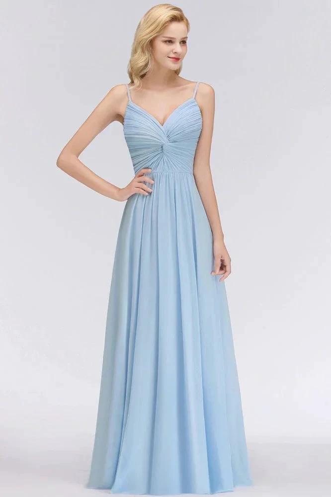 Spaghetti Straps Ruggle Chiffon Bridesmaid Dress Sky Blue A-line Wedding Party Dress by misshow.com