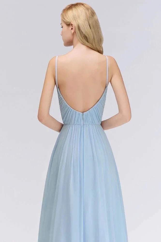 Spaghetti Straps Ruggle Chiffon Bridesmaid Dress Sky Blue A-line Wedding Party Dress by misshow.com