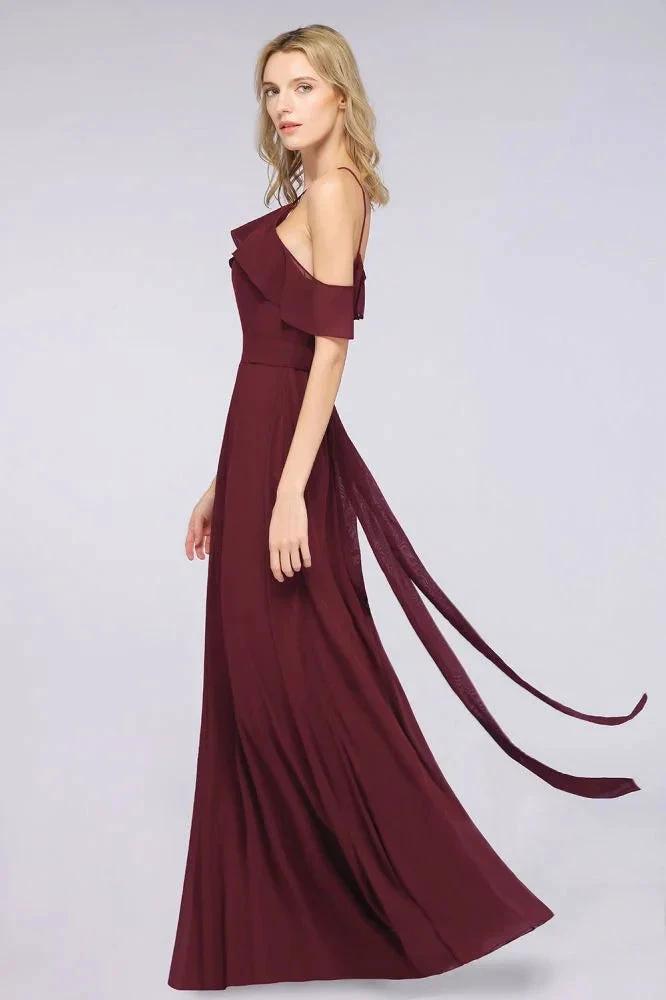 Spaghetti-Straps Sleeveless Ruffles Floor-Length Bridesmaid Dress with Bow Sash by misshow.com