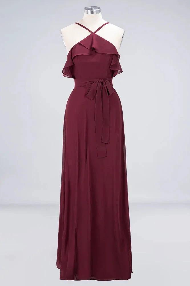 Spaghetti-Straps Sleeveless Ruffles Floor-Length Bridesmaid Dress with Bow Sash by misshow.com