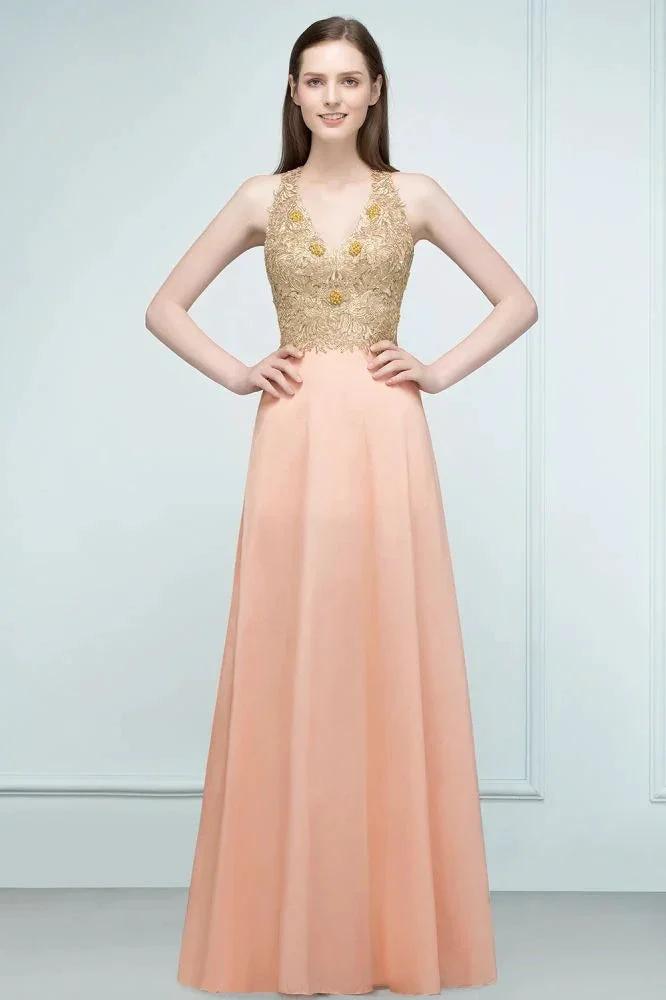 Spaghetti V-neck A-line Floor Length Appliqued Chiffon Bridesmaid Dresses by misshow.com