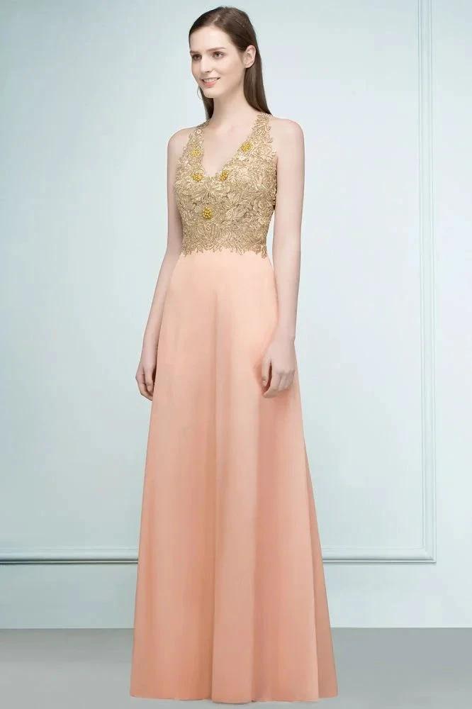 Spaghetti V-neck A-line Floor Length Appliqued Chiffon Bridesmaid Dresses by misshow.com