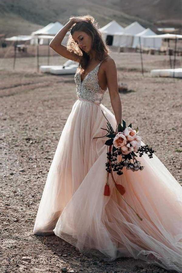 Sparkle Beading A-line V-neck Wedding Dresses Backless Bridal Gowns WD315 by pgmdress