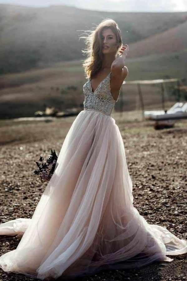 Sparkle Beading A-line V-neck Wedding Dresses Backless Bridal Gowns WD315 by pgmdress