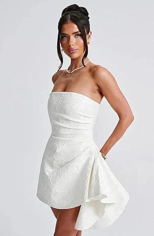 Beautiful Ruched Satin Mini Party Dress Strapless Floral Jacquard Homecoming Dress with Pocket by misshow.com