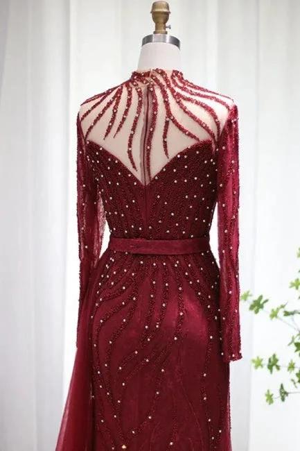 Sparkly Burgundy Long Sleeve Mermaid Prom Dresses Luxious Evening Gowns by misshow.com