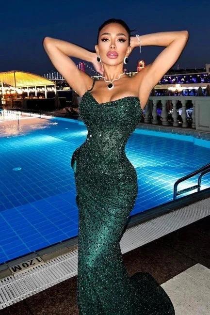 Sparkly Dark Green Spaghetti Straps Long Mermaid Prom Dresses Evening Gowns With Slit by misshow.com