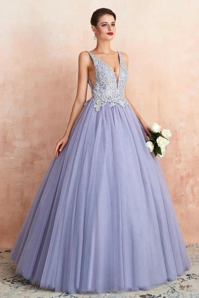 Sparkly Double V-Neck Aline Ball Gown Crystals Tulle Floor Length Party Dress by misshow.com