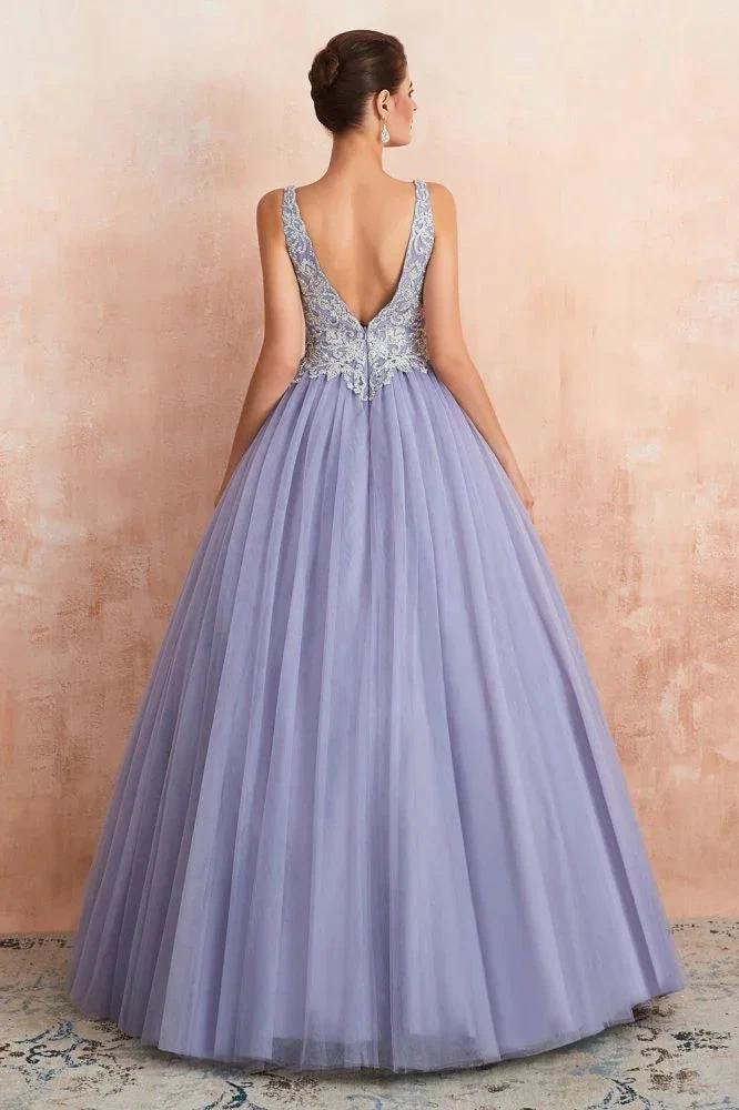 Sparkly Double V-Neck Aline Ball Gown Crystals Tulle Floor Length Party Dress by misshow.com