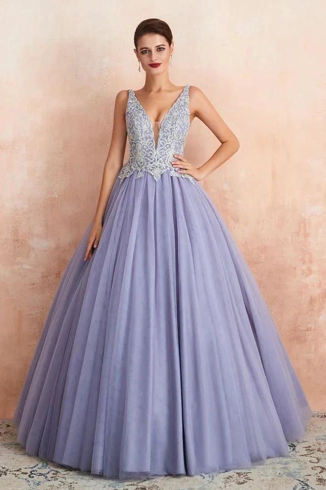 Sparkly Double V-Neck Aline Ball Gown Crystals Tulle Floor Length Party Dress by misshow.com