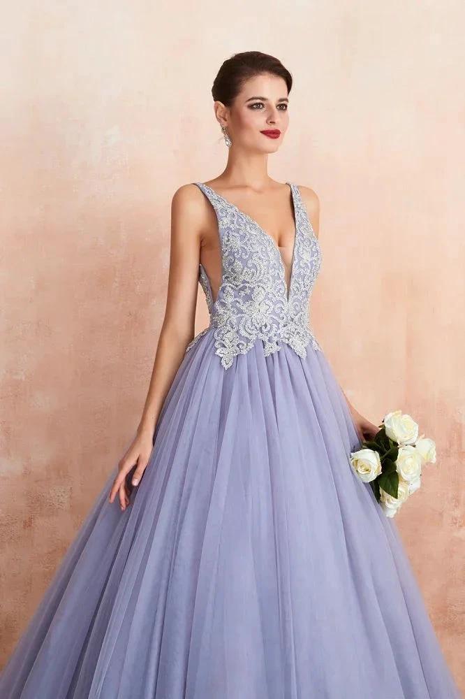 Sparkly Double V-Neck Aline Ball Gown Crystals Tulle Floor Length Party Dress by misshow.com