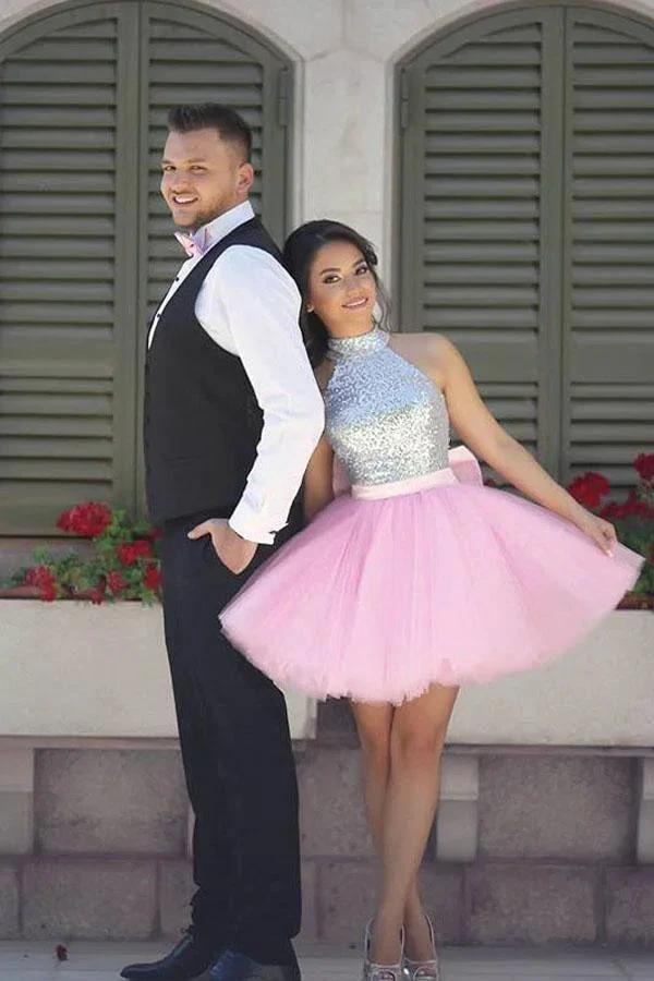 Sparkly High Neck Short Pink Homecoming Dress Party Dress PG163 by pgmdress