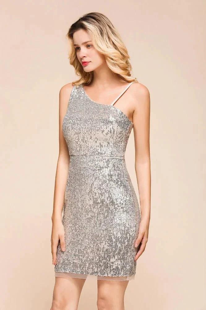 Sparkly Short Slim Cocktail Party Dress Sexy One Shoulder Mini Prom Dress by misshow.com