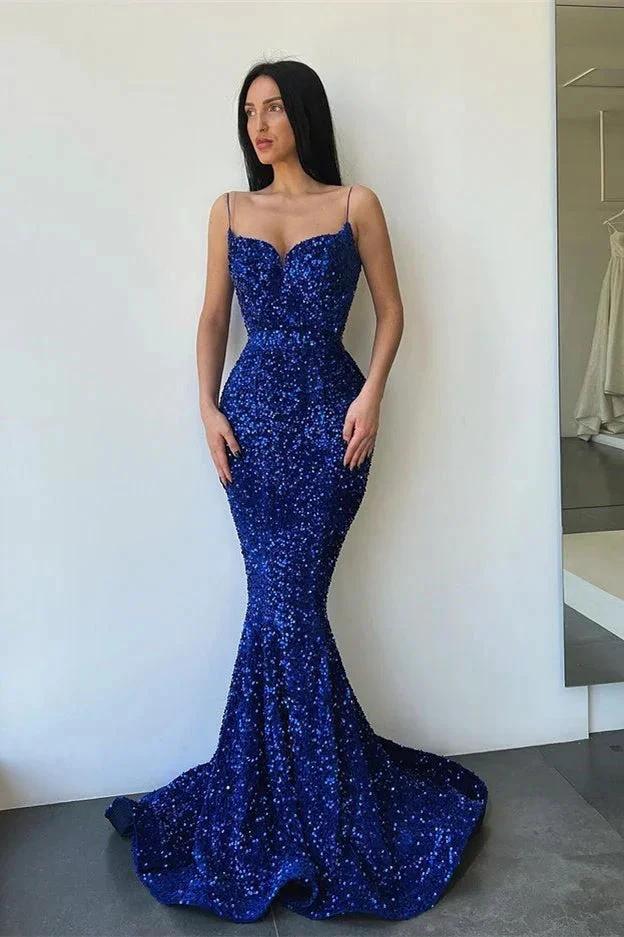 Sparkly Sleeveless Royal Blue Sequined Mermaid Prom Dresses by misshow.com