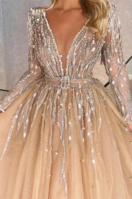 Sparkly V-neck A-line Long Sleeves Ball Gown Prom Dresses With Beads by misshow.com