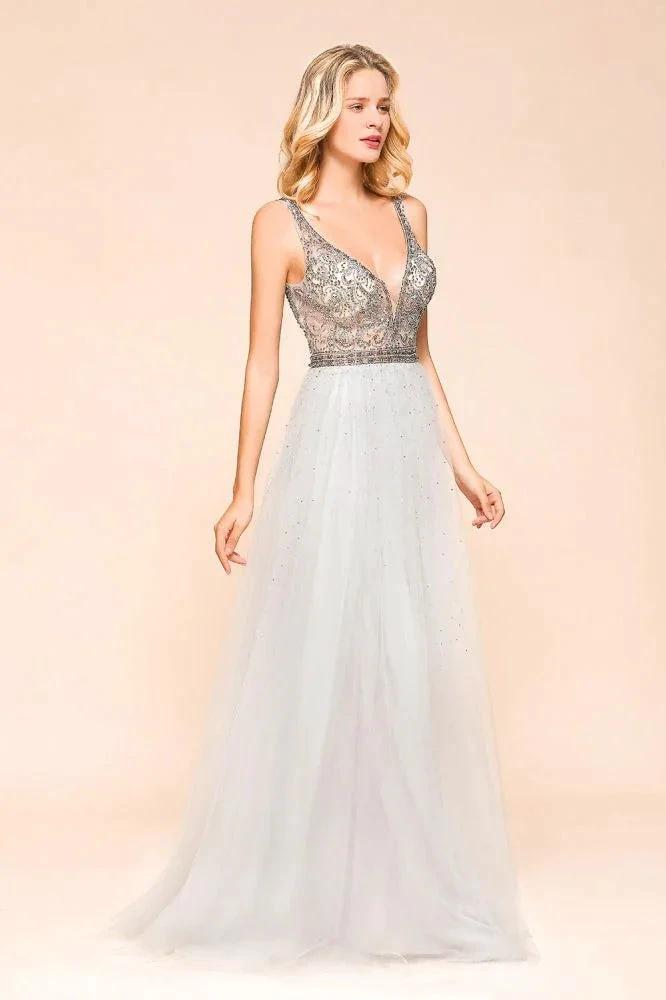 Sparkly V-Neck Aline Evening Dress Floor Length Sleeveless Wedding Party Dress by misshow.com