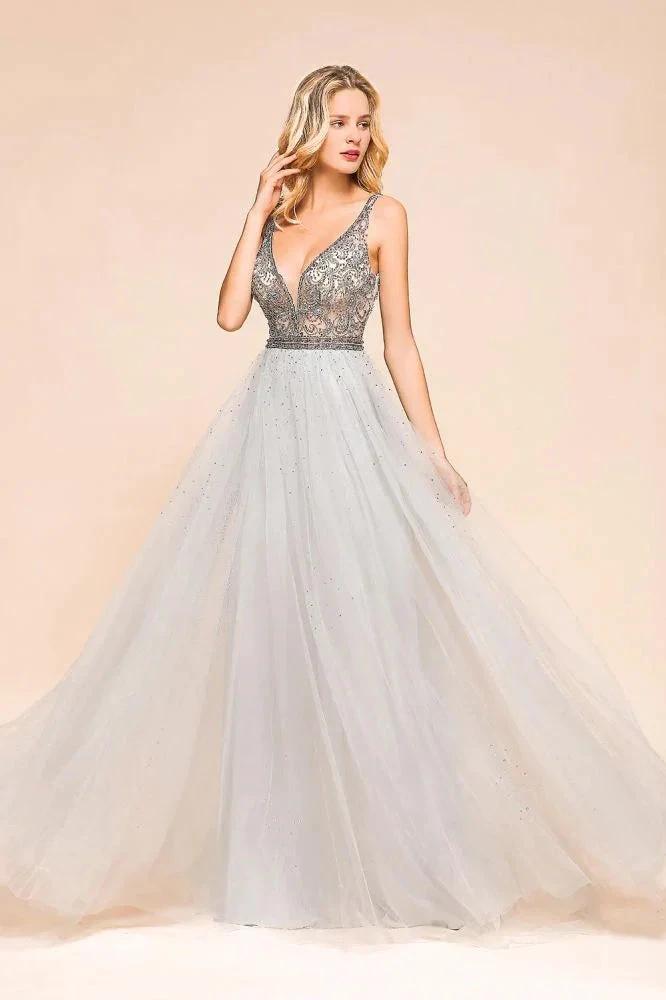 Sparkly V-Neck Aline Evening Dress Floor Length Sleeveless Wedding Party Dress by misshow.com