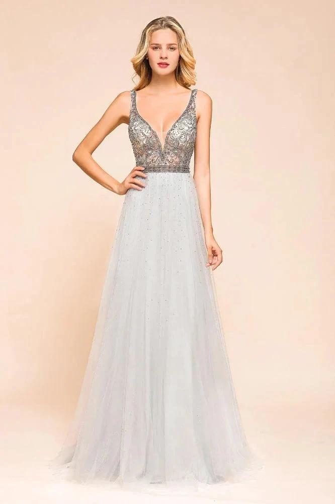 Sparkly V-Neck Aline Evening Dress Floor Length Sleeveless Wedding Party Dress by misshow.com