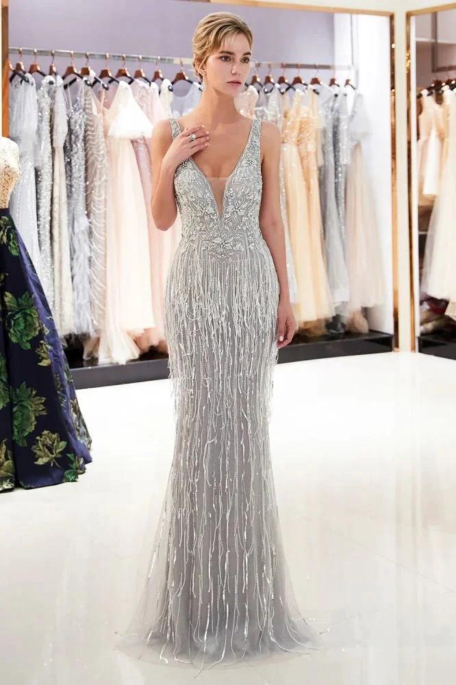 Sparkly V-Neck Tassels Mermaid Prom Dress Sequins Party Gown by misshow.com
