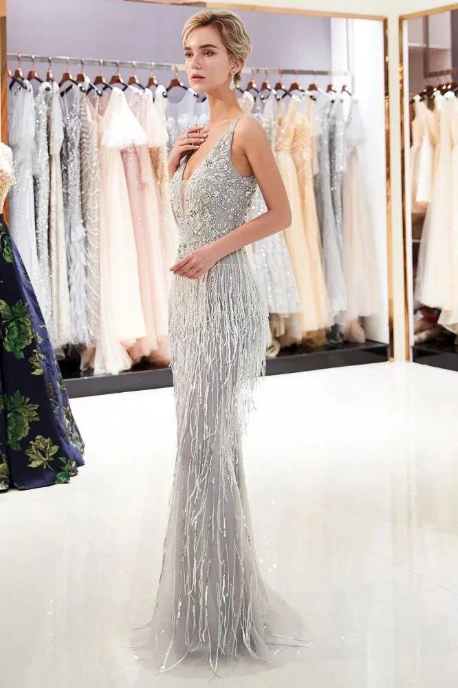 Sparkly V-Neck Tassels Mermaid Prom Dress Sequins Party Gown by misshow.com