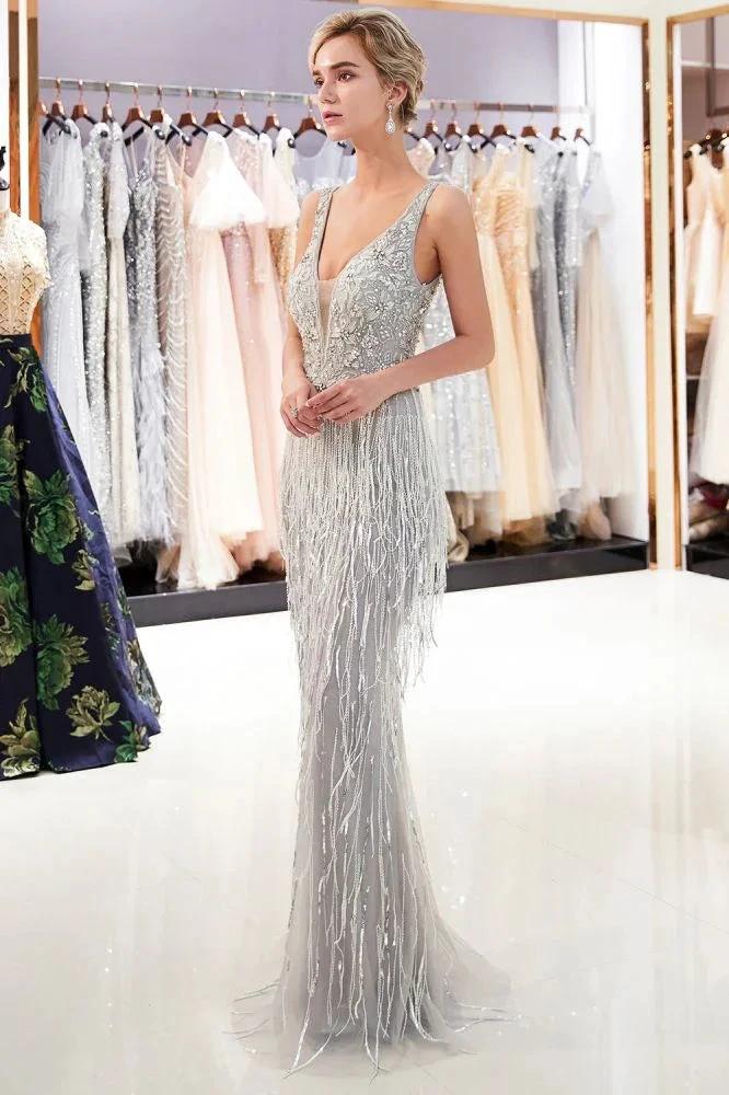 Sparkly V-Neck Tassels Mermaid Prom Dress Sequins Party Gown by misshow.com