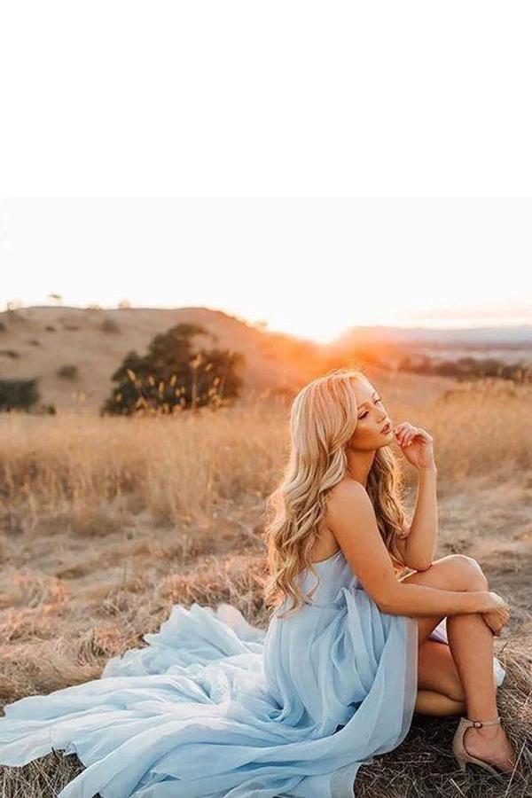 Split Sky Blue Rustic Wedding Dresses Beach Wedding Gown with Court Train WD289 by pgmdress