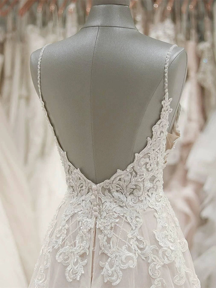 Strap V Neck Beach Wedding Dresses Backless Ivory Tulle Wedding Dress WD309 by pgmdress