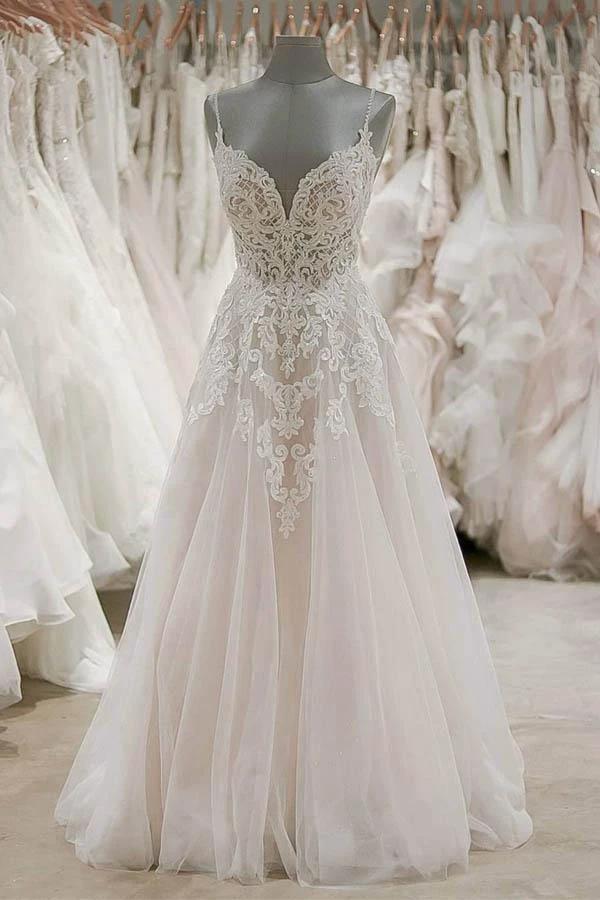 Strap V Neck Beach Wedding Dresses Backless Ivory Tulle Wedding Dress WD309 by pgmdress