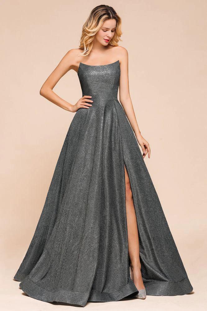 Strapless Glitter aline Evening Gown Sleeveless Front Slit Dancing Party Dress by misshow.com