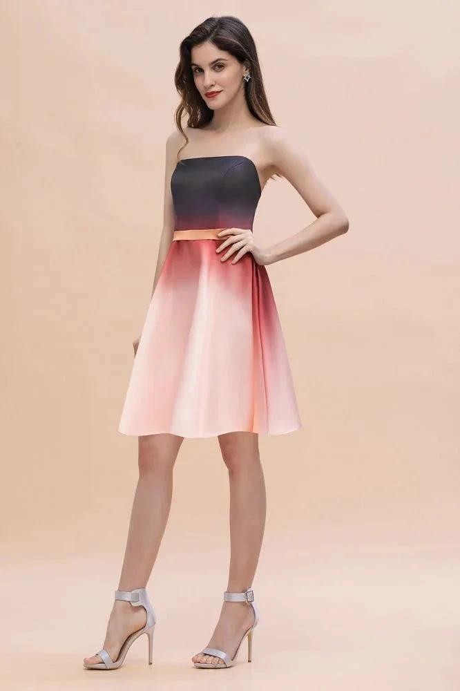 Strapless Gradient Satin Mini Party Dress Knee Length Homecoming Dress by misshow.com