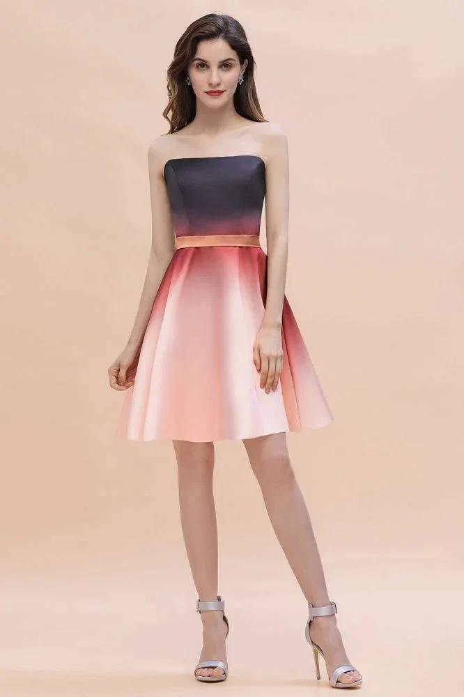 Strapless Gradient Satin Mini Party Dress Knee Length Homecoming Dress by misshow.com