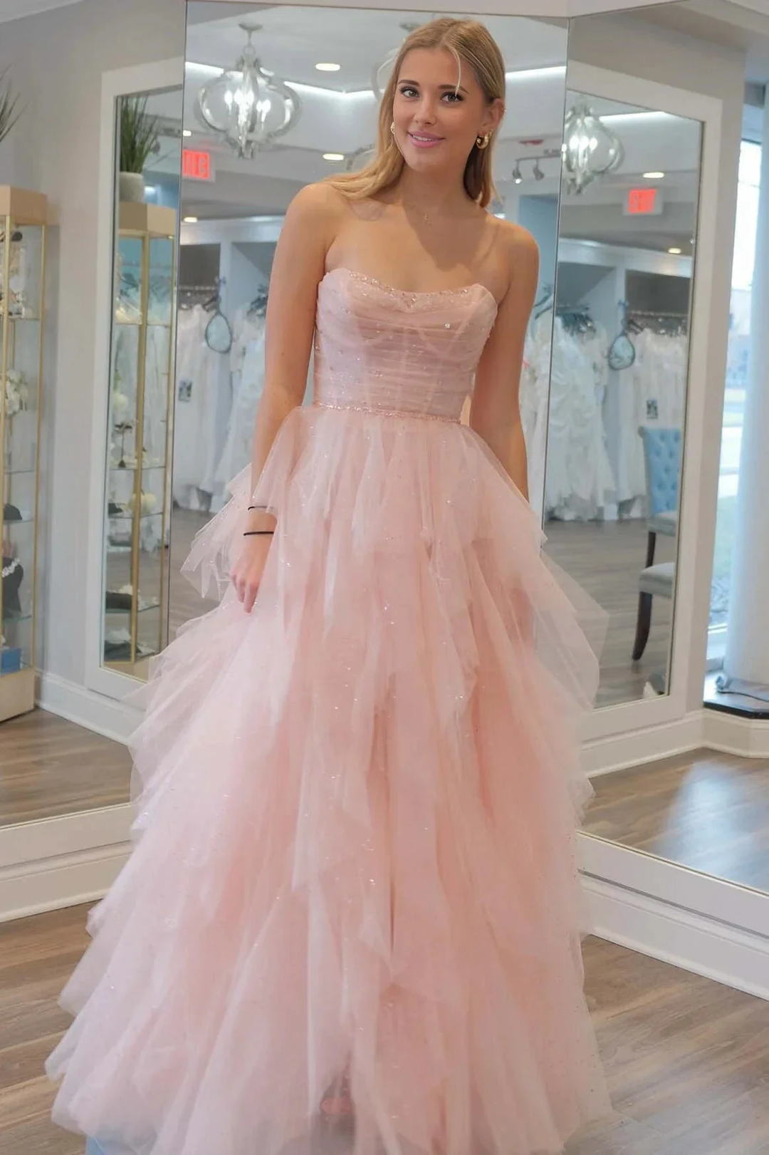 Patsy | Strapless Light Pink Sequin Beaded Ruffle Tulle Prom Dress by KissProm