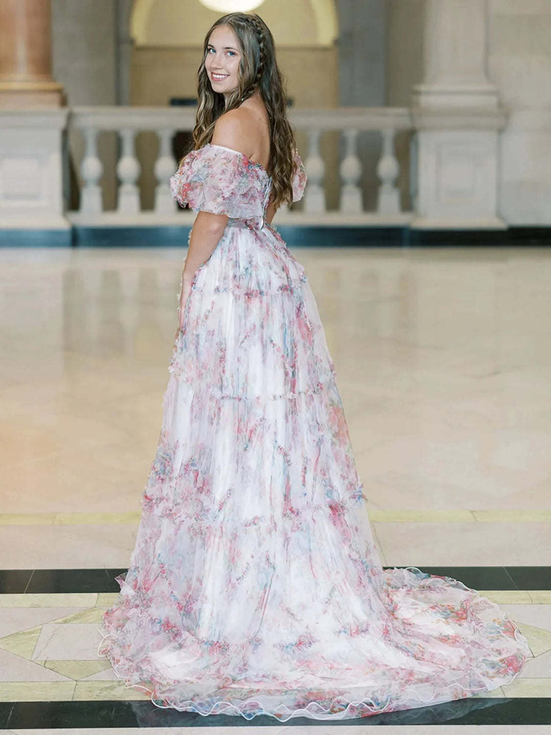 Sydney |A Line Off The Shoulder Floral Tulle Prom Dress by KissProm