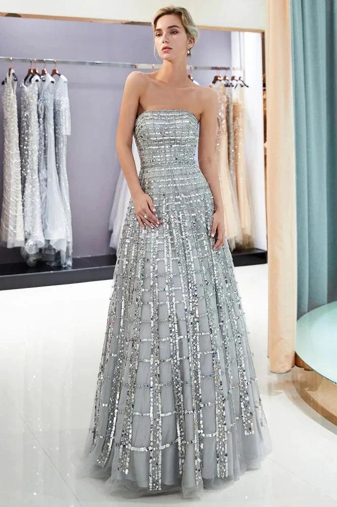Strapless Sequined Chiffon Party Dress A-line Floor Length Prom Dress by misshow.com