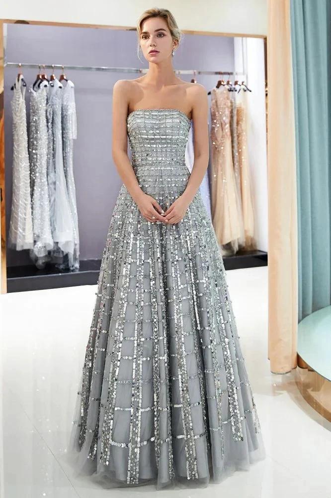 Strapless Sequined Chiffon Party Dress A-line Floor Length Prom Dress by misshow.com