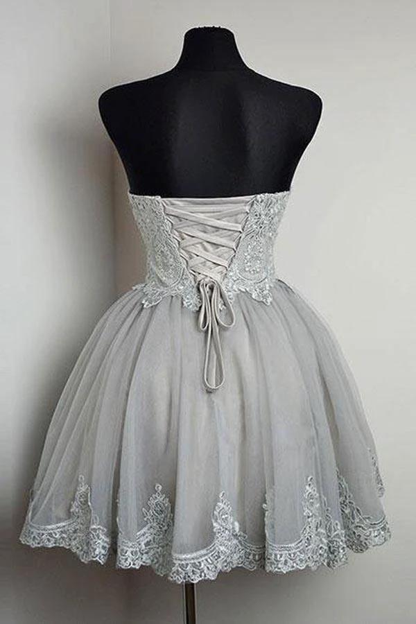 Strapless Sweetheart Neck Grey Homecoming Dresses Lace Appliqued PD169 by pgmdress
