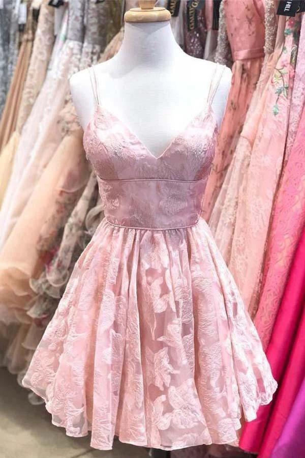 Straps A-line Lace Short Prom Dress Pink Homecoming Dress PD317 by pgmdress