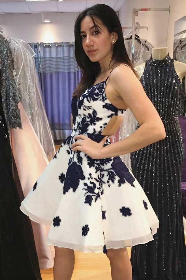 Straps White Organza Homecoming Dress with Lace Appliques PD031 by pgmdress