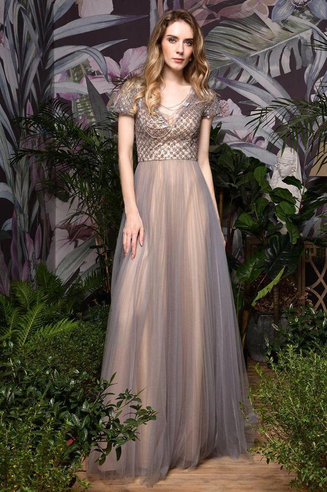 Striking Aline Long Evening Dress Quincenera Swing Dress Short Sleeves by misshow.com