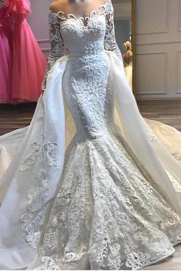 Stunning Crew Neck s Mermaid Wedding Bridal Wears with Detachable Train by misshow.com