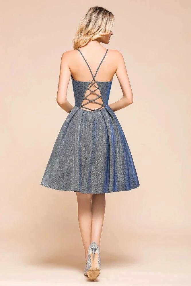 Stunning Double V-Neck Bright Silk Mini Party Dress Sleeveless Homecoming Dress by misshow.com