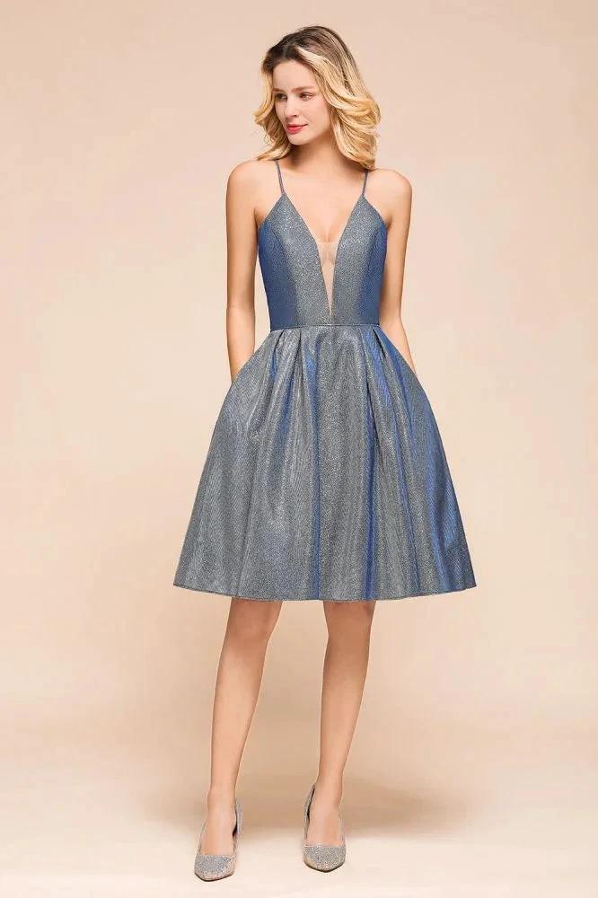 Stunning Double V-Neck Bright Silk Mini Party Dress Sleeveless Homecoming Dress by misshow.com