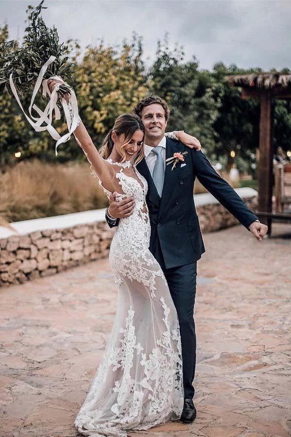 Stunning Lace Appliques See Though Mermaid Rustic Wedding with Sleeves WD447 by pgmdress
