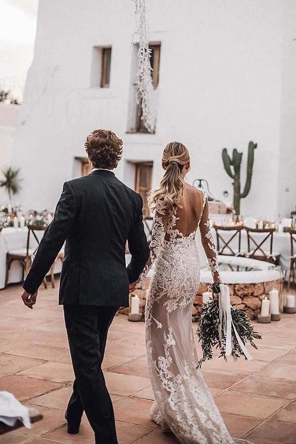Stunning Lace Appliques See Though Mermaid Rustic Wedding with Sleeves WD447 by pgmdress