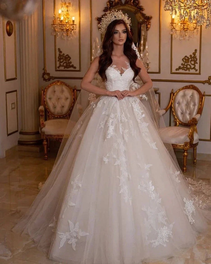 Stunning Long A-Line Bateau Tulle Wedding Dress With Appliques Lace by BIZTUNNEL