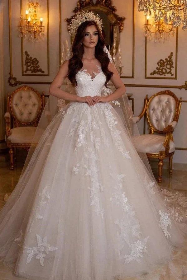 Stunning Long A-Line Bateau Tulle Wedding Dress With Appliques Lace by BIZTUNNEL