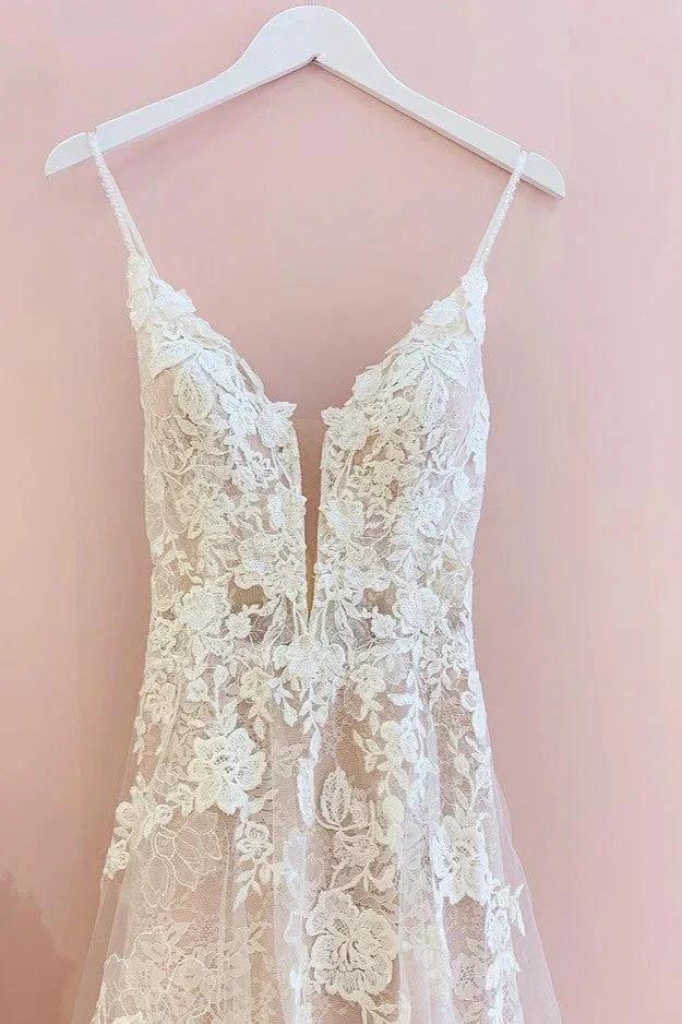 Stunning Long A-Line Spaghetti Straps Tulle Lace Wedding Dress by BIZTUNNEL