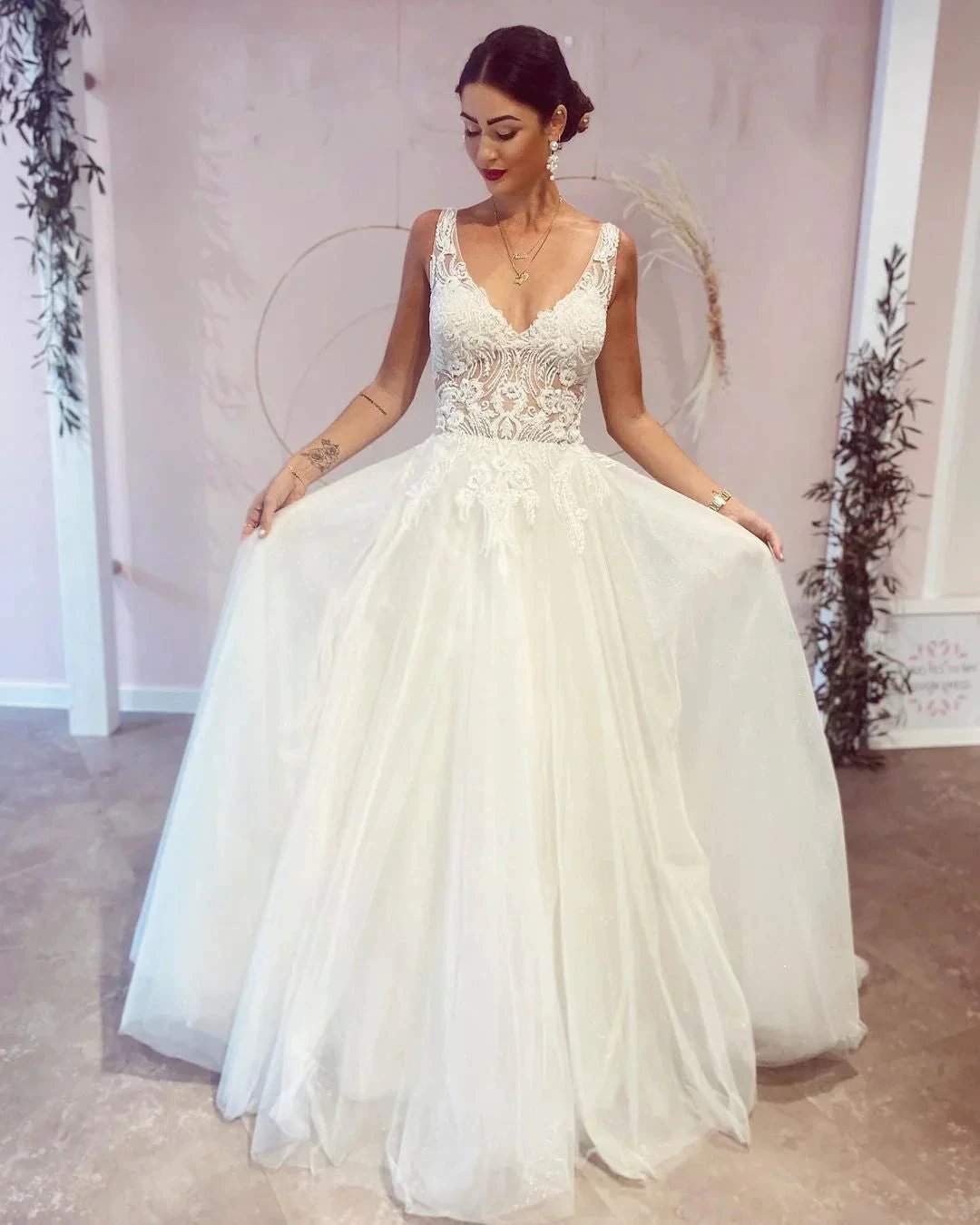 Stunning Long A-Line V-neck Backless Wedding Dress With Appliques Lace by BIZTUNNEL