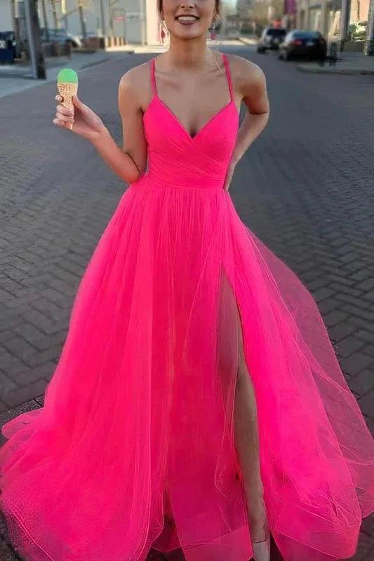 Stunning Long A-Line V-neck Spaghetti Straps Tulle Prom Dress With Slit by BIZTUNNEL